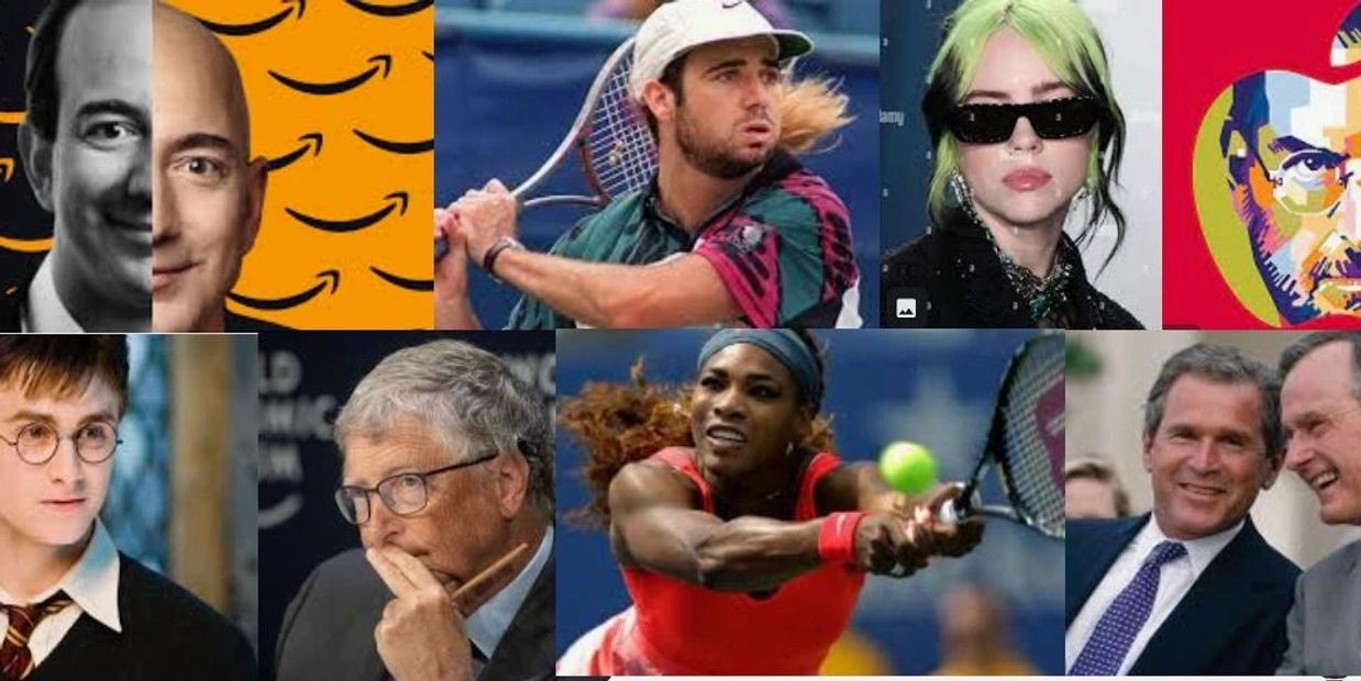 Collage of famous personalities from various fields like tech, sports, music, and politics.