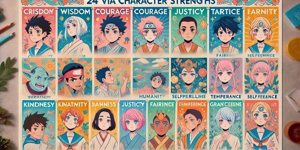 Colorful anime-style poster illustrating 24 character strengths with descriptive traits.