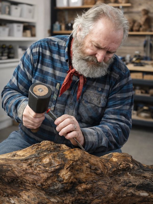 Elderly man carving wood with mallet and chisel in workshop.