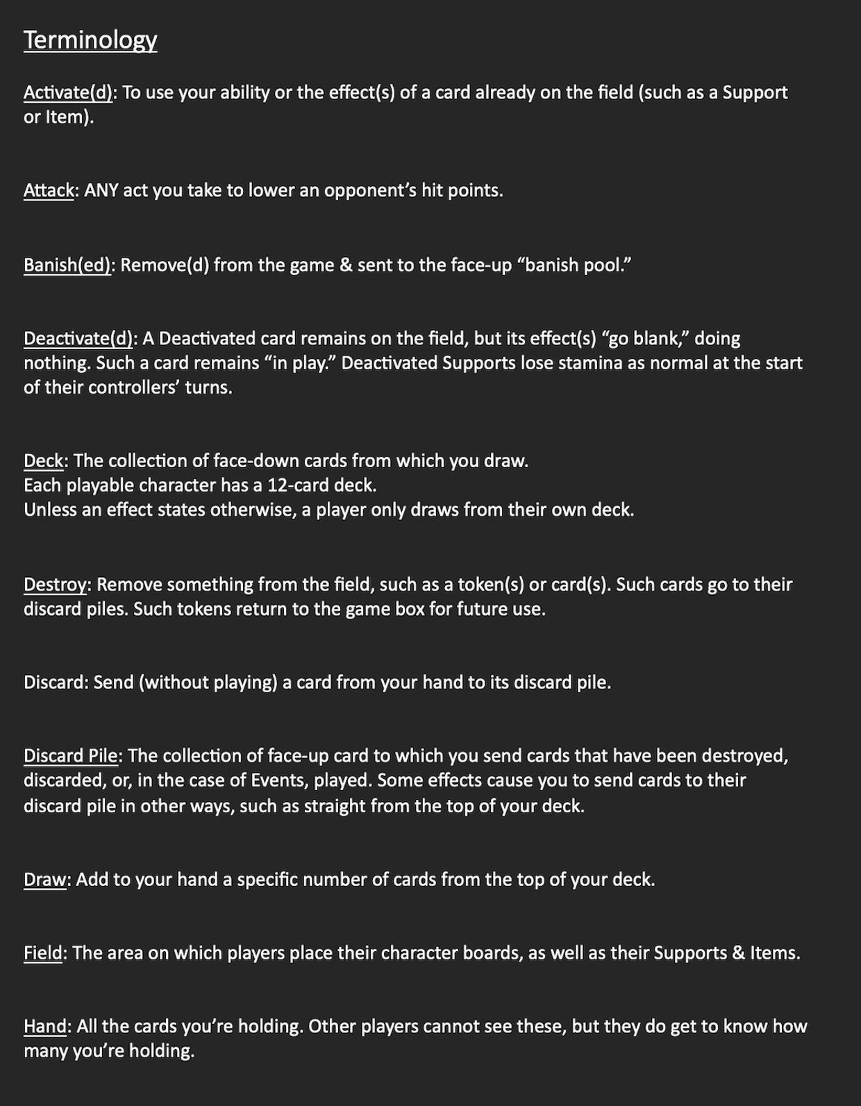 Card game terminology explaining actions like Activate, Attack, Banish, Deactivate, Deck, Destroy, Discard, Draw, Field, and Hand.