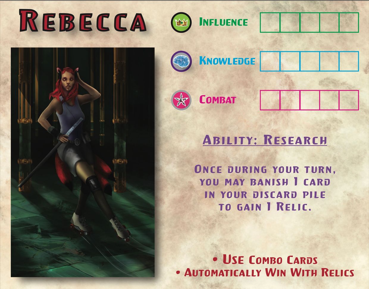 Darkwana, Duelists of Darkwana, Darkwana Games, Martin Wolt, Rebecca, character board