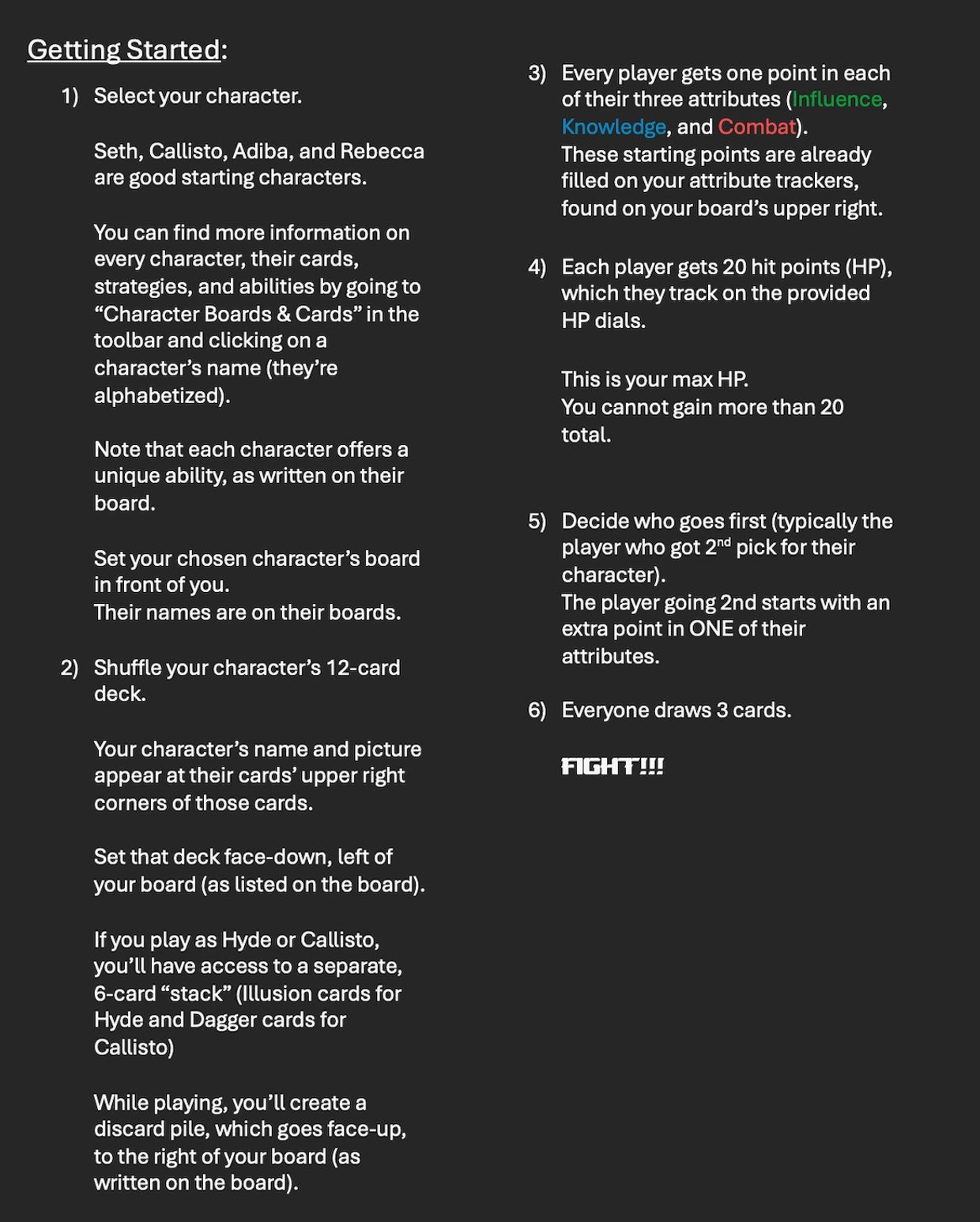 Instructions for selecting characters and starting a card game with attributes, HP, and turns.