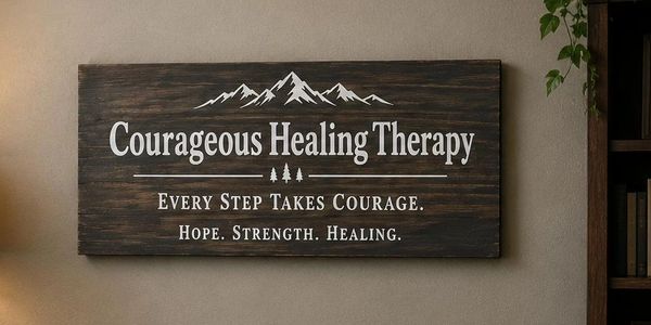 Motivational wooden sign with healing and courage message.