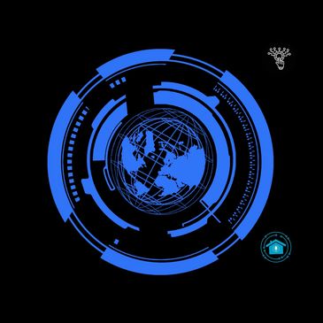Futuristic blue digital globe interface on black background.