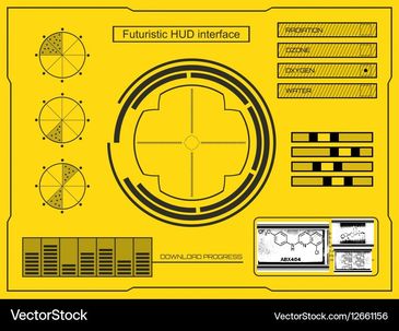 Futuristic yellow HUD interface with circular and bar graphs.