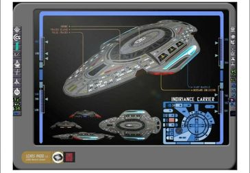 Starship schematic labeled Indriance Carrier on a futuristic screen.