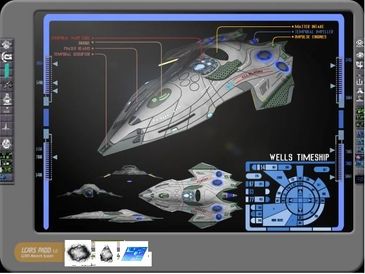 Futuristic Wells Timeship schematic with multiple views.