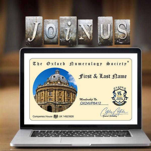 Join The Oxford Numerology Society with membership card shown on laptop.