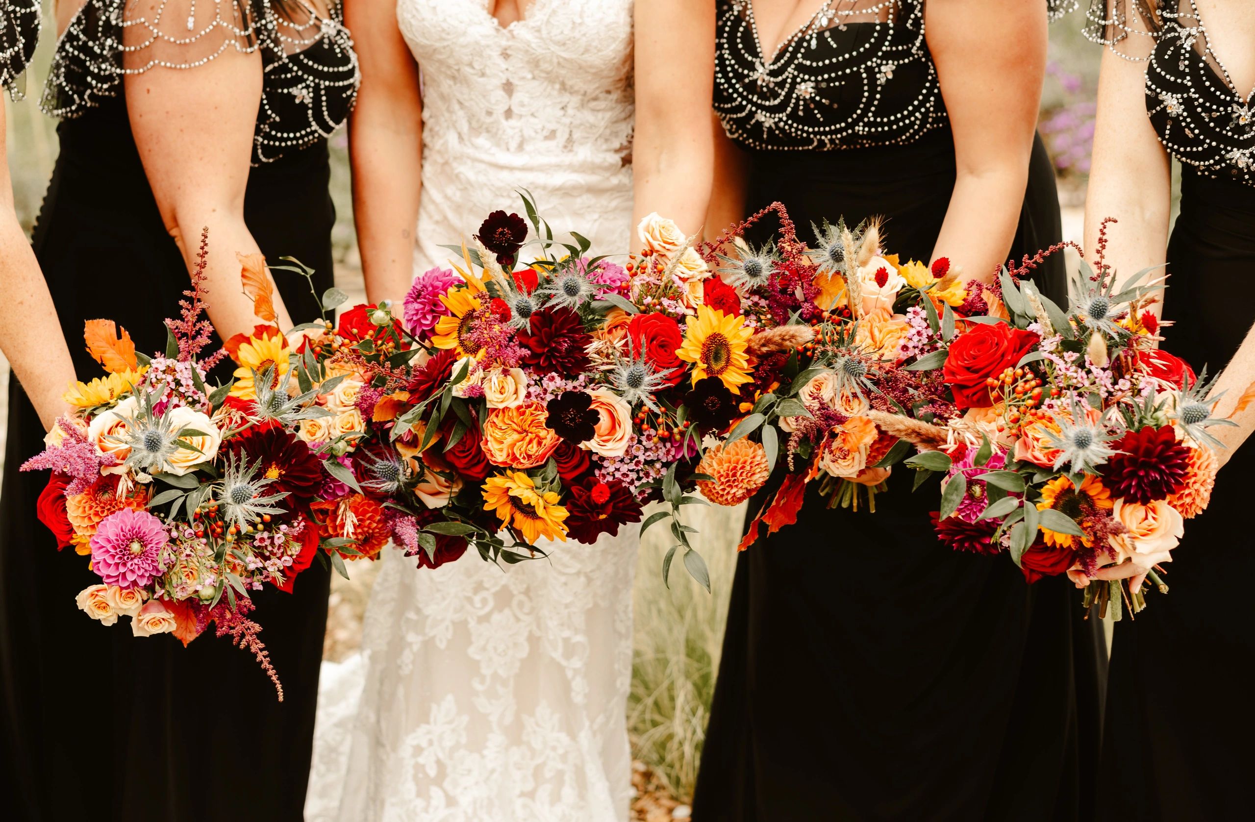 Scottish thistles, autumnal flowers and white whimsical wildflower Scottish bridal bouquet.