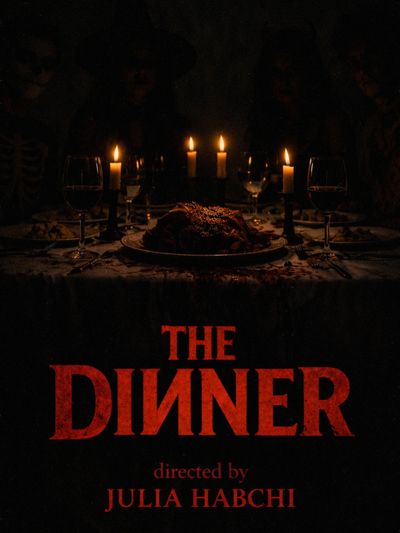 Dark, eerie dinner scene lit by candles with a mysterious atmosphere.