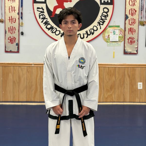Young martial artist posing in dojang with black belt.
