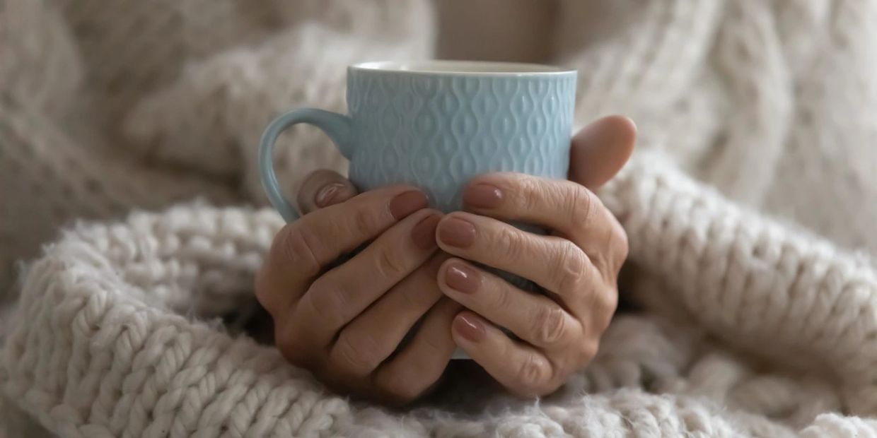 Hands holding a textured blue mug wrapped in a cozy knit blanket.