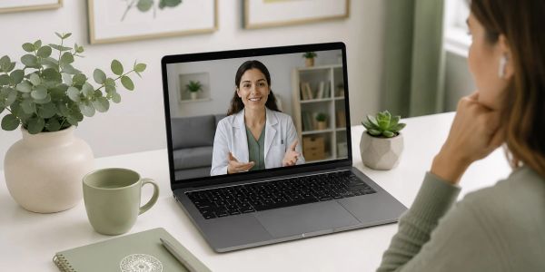 Woman having a video call with a doctor on a laptop.