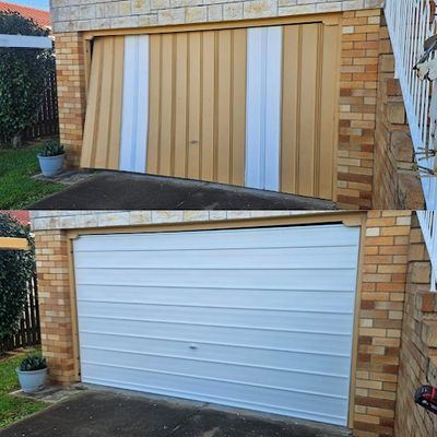 A before and after photo of a tilt door installation