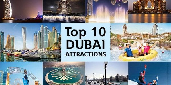 Collage showcasing Dubai's top 10 attractions including Burj Khalifa, Atlantis, and Global Village.