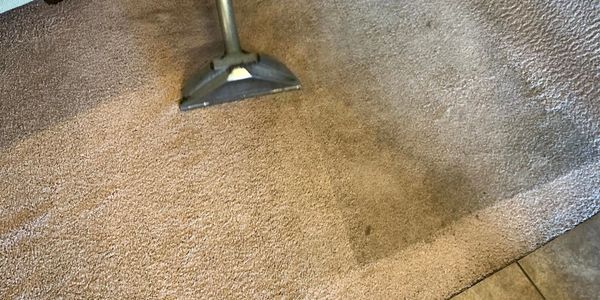 Person cleaning carpet with a carpet cleaning machine, showing clear difference between cleaned and uncleaned areas.