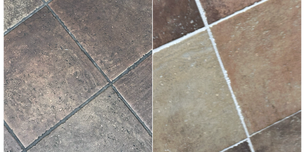Before and after tile cleaning showing dramatic difference in grout and tile brightness.