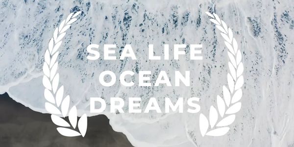 Text overlay on ocean waves reads 'Sea Life Ocean Dreams' with laurel wreaths.