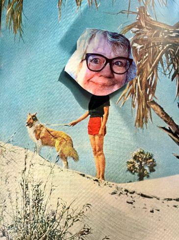 My big head collaged on a small woman's body walking a dog. 