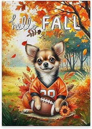  Drawing of a chihuahua sitting in Fall leaves with a football jersey on holding a football. 