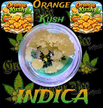 Close-up of Orange Kush Indica cannabis concentrate in a container.