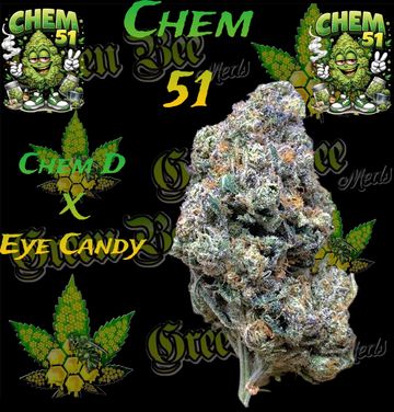 Close-up of a cannabis bud labeled Chem 51 with colorful branding.