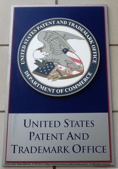 United States Patent and Trademark Office sign. Photo Credit: ReubenGBrewer, CC BY-SA 4.0, via Wikim