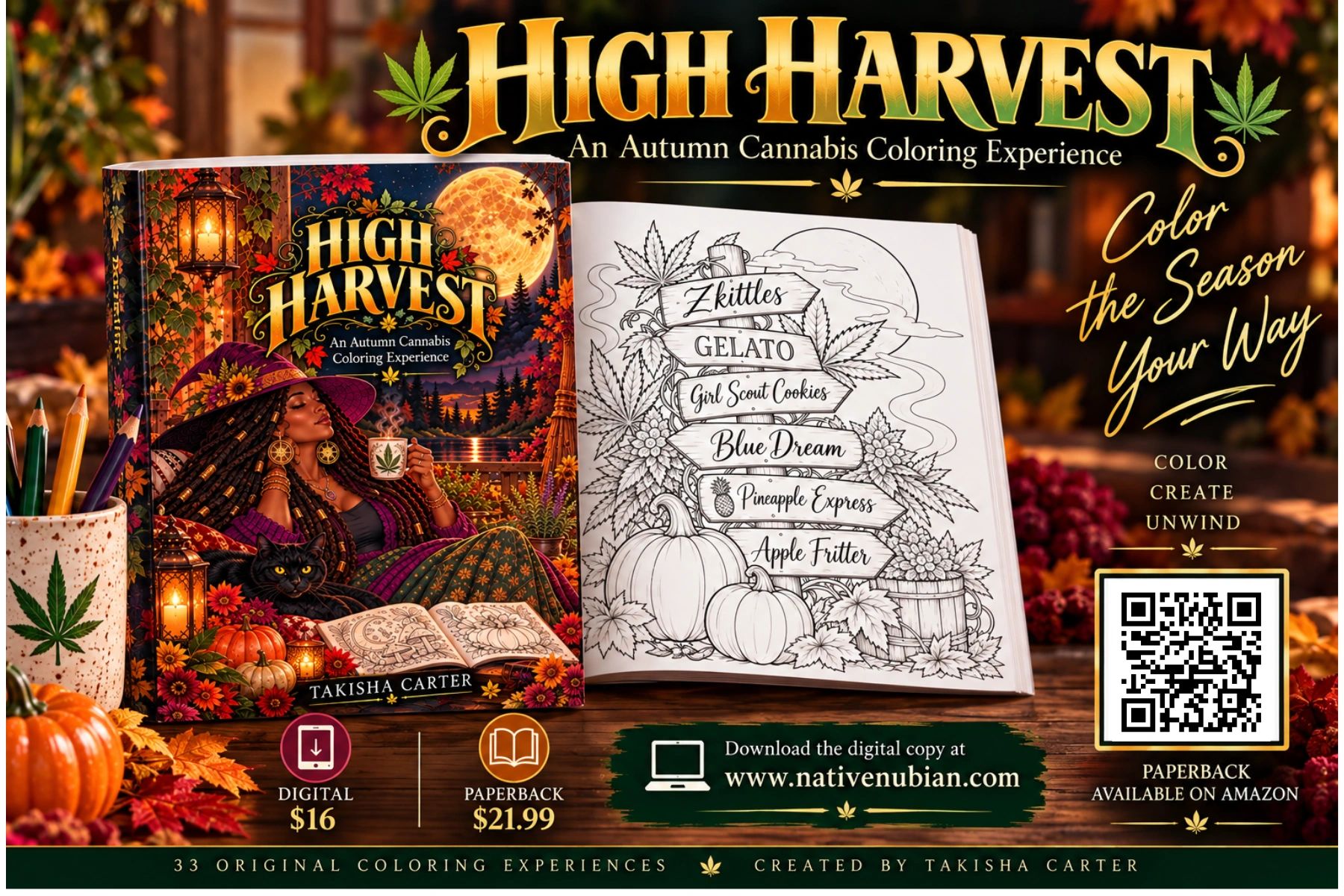 Autumn cannabis coloring book by Takisha Carter.
