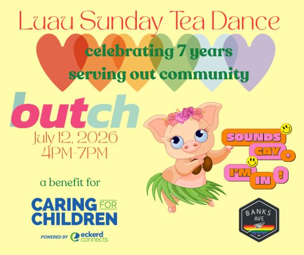 Luau Sunday Tea Dance celebrating community service with a cute pig hula dancer.