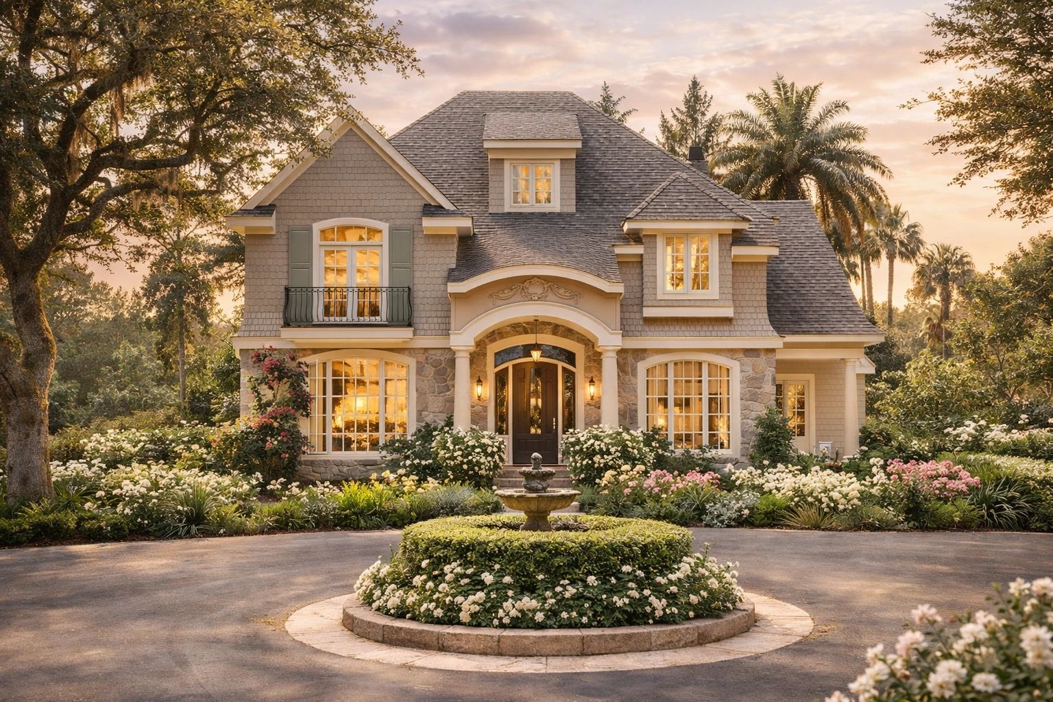 Elegant house with a circular driveway and lush garden at sunset.
