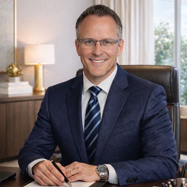 Professional man in a suit sitting at a desk, smiling and writing.