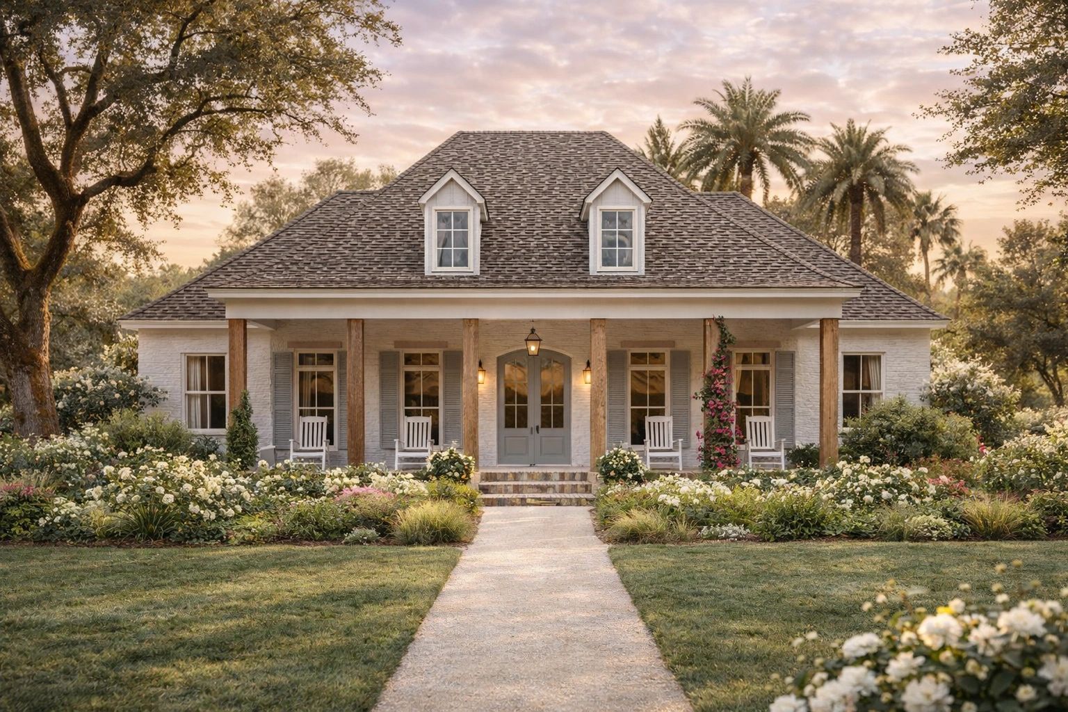 Charming house with a porch, surrounded by lush flowers and greenery under a soft sunset sky.