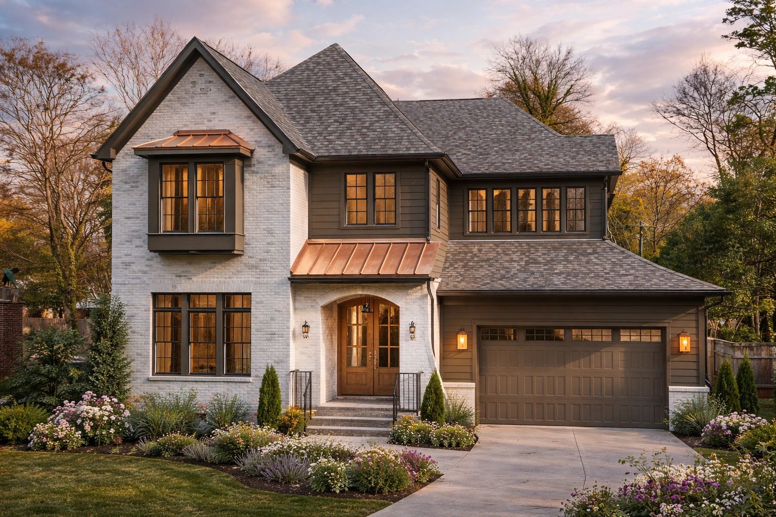 Modern two-story house with gray brick, dark trim, and a landscaped front yard at sunset.