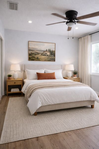 Cozy bedroom with neutral tones, a large bed, and warm lighting.