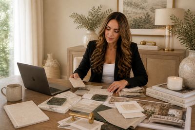 Woman reviewing fabric and tile samples at a stylish desk.