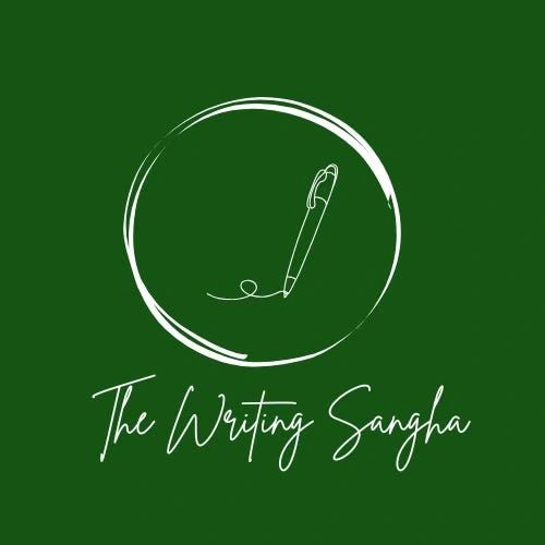 Logo of The Writing Sangha with a pen inside a circular sketch.
