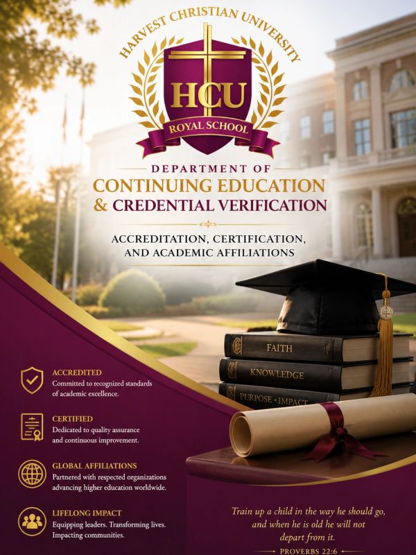 Advertisement for Harvest Christian University's Continuing Education and Credential Verification department.