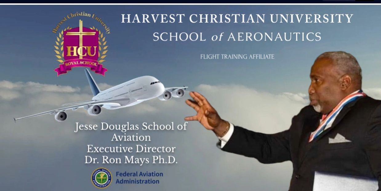 Harvest Christian University School of Aeronautics with Dr. Ron Mays and an airplane graphic.