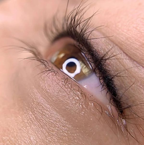 Close-up of a brown eye with long eyelashes and skin texture.