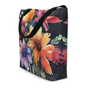Black Floral Watercolor Tote with an inside pocket