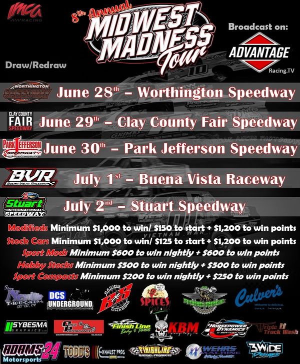 Schedule for the 8th Annual Midwest Madness Tour at various speedways from June 28 to July 2.