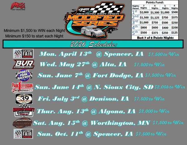2026 IMCA Modified Series racing schedule with dates, locations, and prize details.