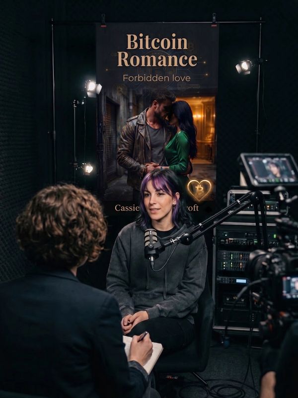 Interview in a studio about the book 'Bitcoin Romance: Forbidden Love'.