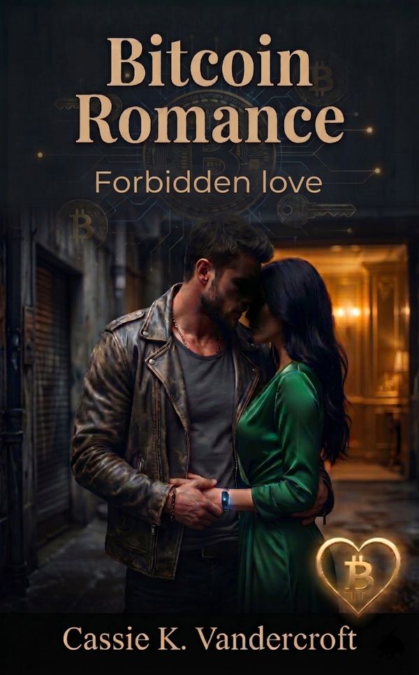 A romantic embrace between a couple in a dimly lit alley, symbolizing forbidden love with Bitcoin.