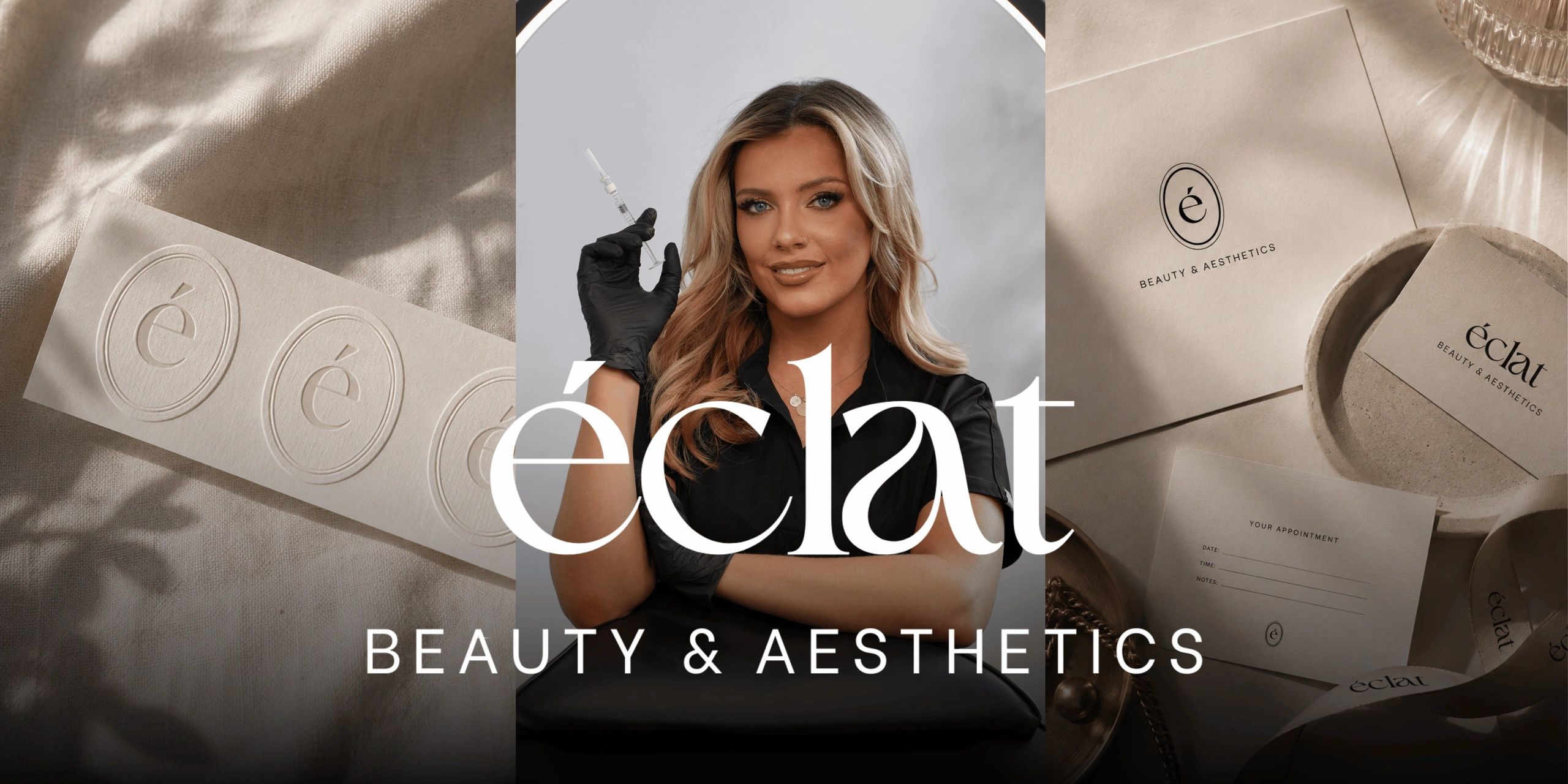 Aesthetics practitioner infront of éclat aesthetics logo