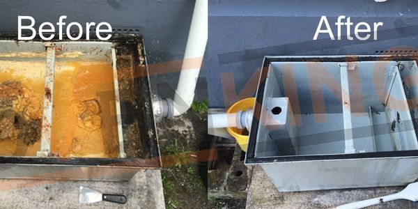 Side-by-side comparison of a dirty grease trap before and after cleaning.