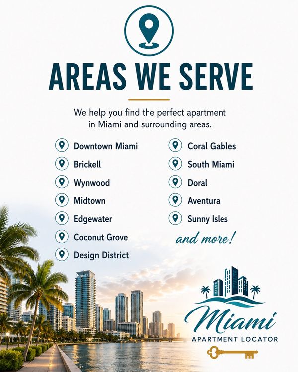 List of Miami areas served for apartment locating with city skyline background.