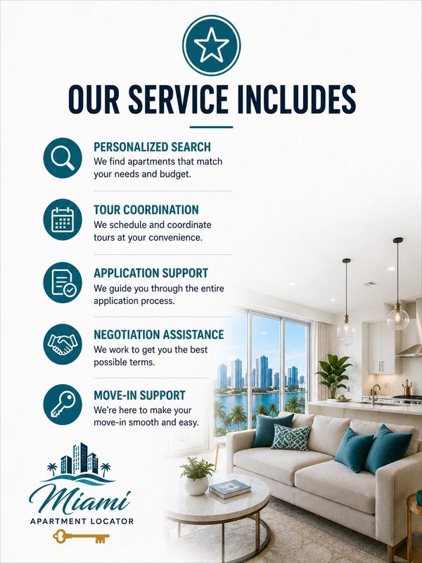 Miami Apartment Locator offers personalized search, tour coordination, application support, negotiation help, and move-in assistance.