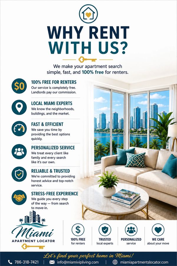 Infographic highlighting benefits of renting with Miami Apartment Locator, featuring a bright living room with city view.