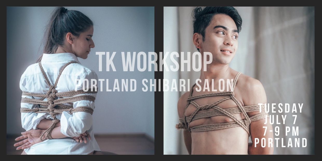 Two people tied with intricate rope patterns in a shibari workshop announcement.